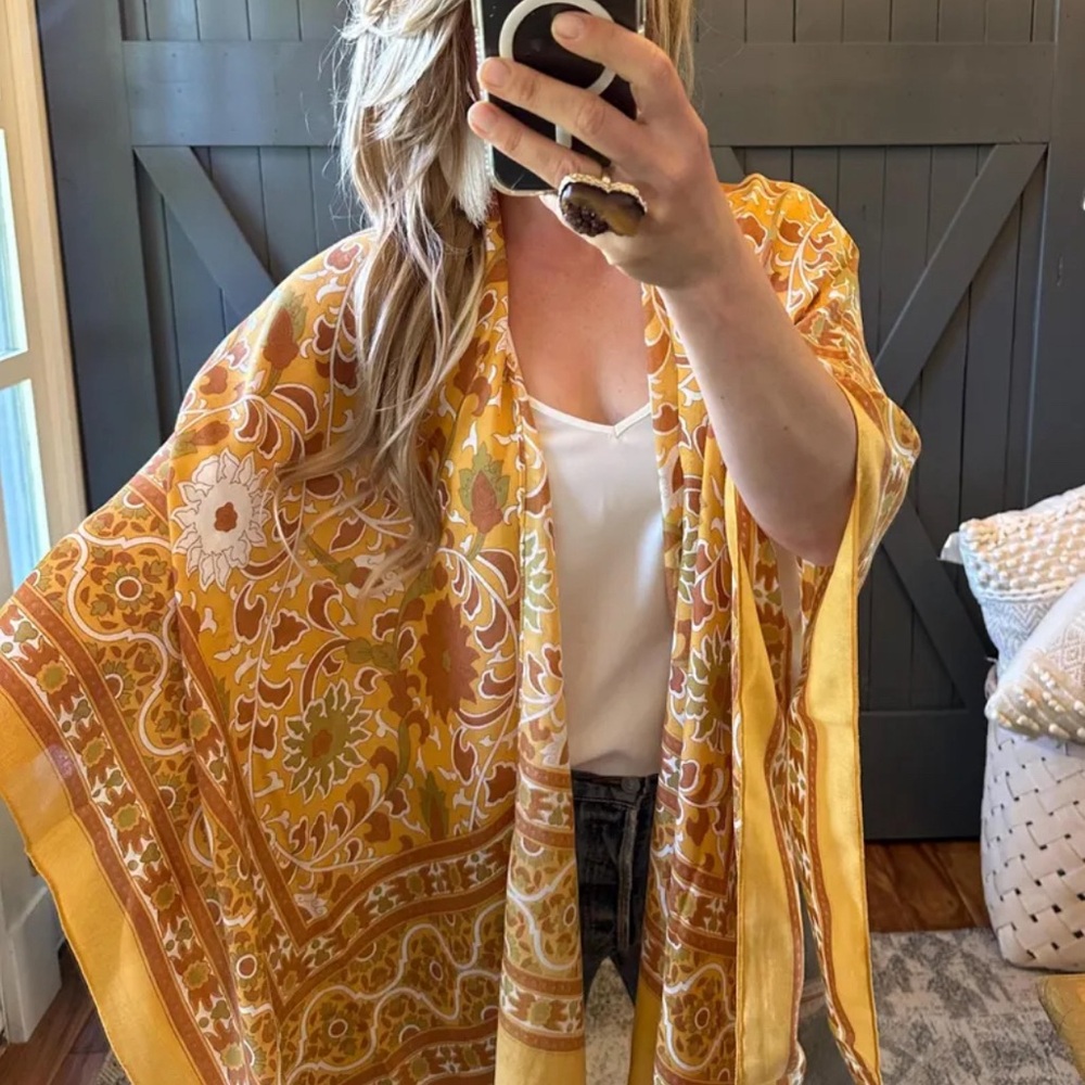 New Boho Lightweight Mustard Cardigan Kimono Top Cover Up Oversized Beach Denim - Picture 7 of 9